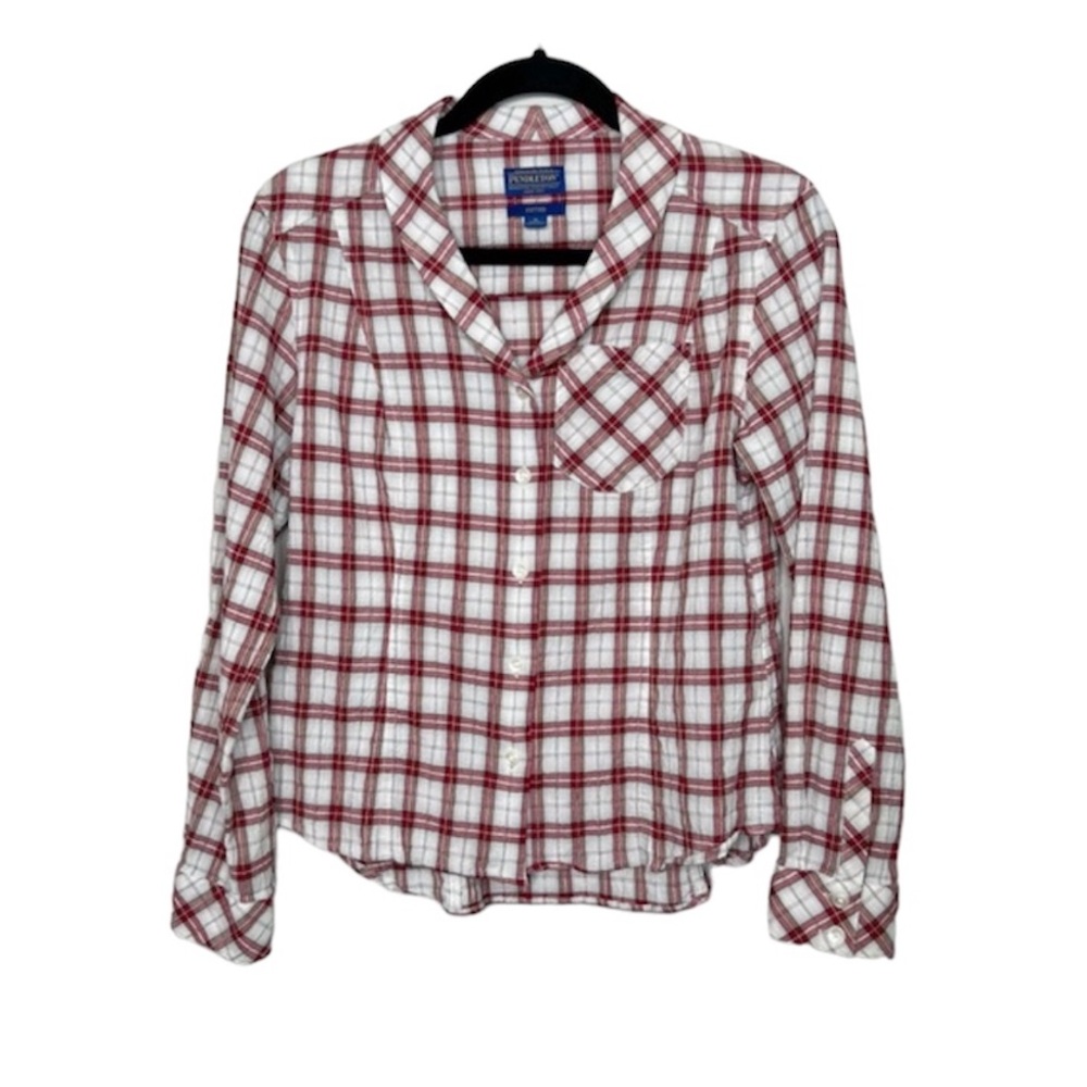 PENDLETON Red and White Fitted Plaid Button up Top size Small Petite